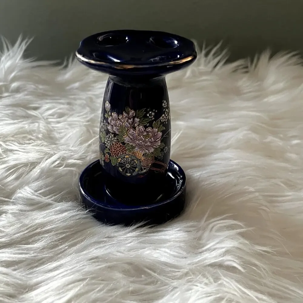 Vintage Kutani Japanese porcelain cobalt blue cloisonne toothbrush holder